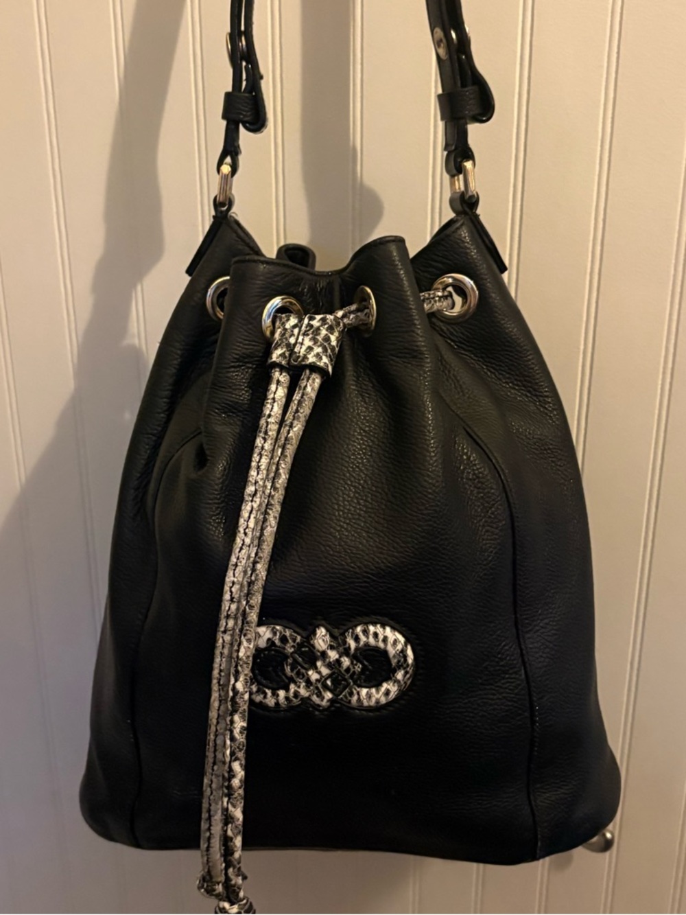Cole Haan Black Cinch Snakeskin Drawstring Pebbled Leather Bag Hobo